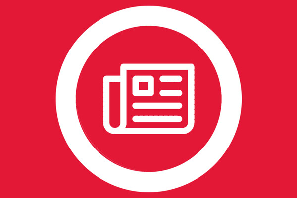 A white icon depicting a folded newspaper on a red background.