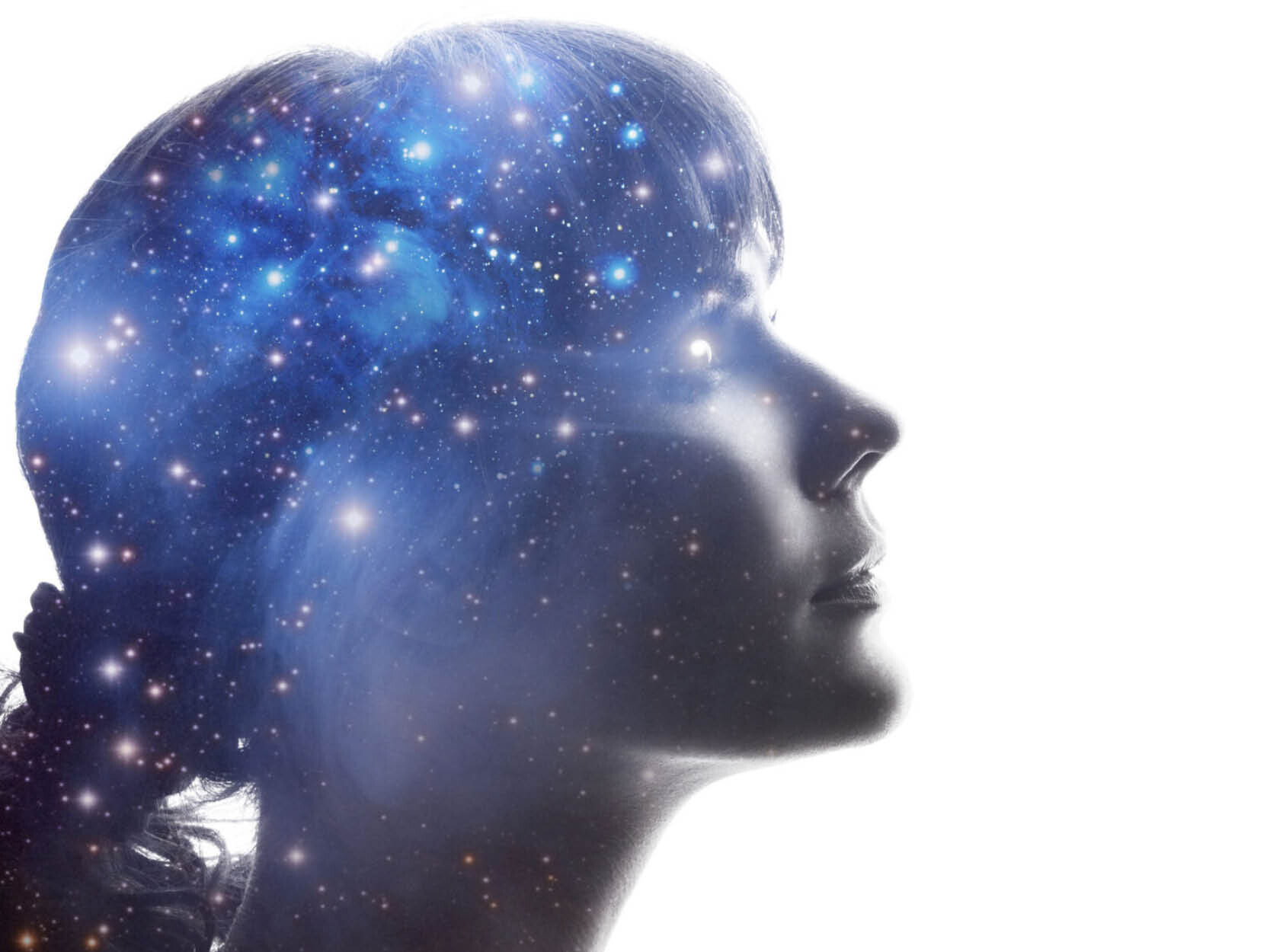 A profile image of a young woman's face, with a network of blue stars superimposed over her cranium